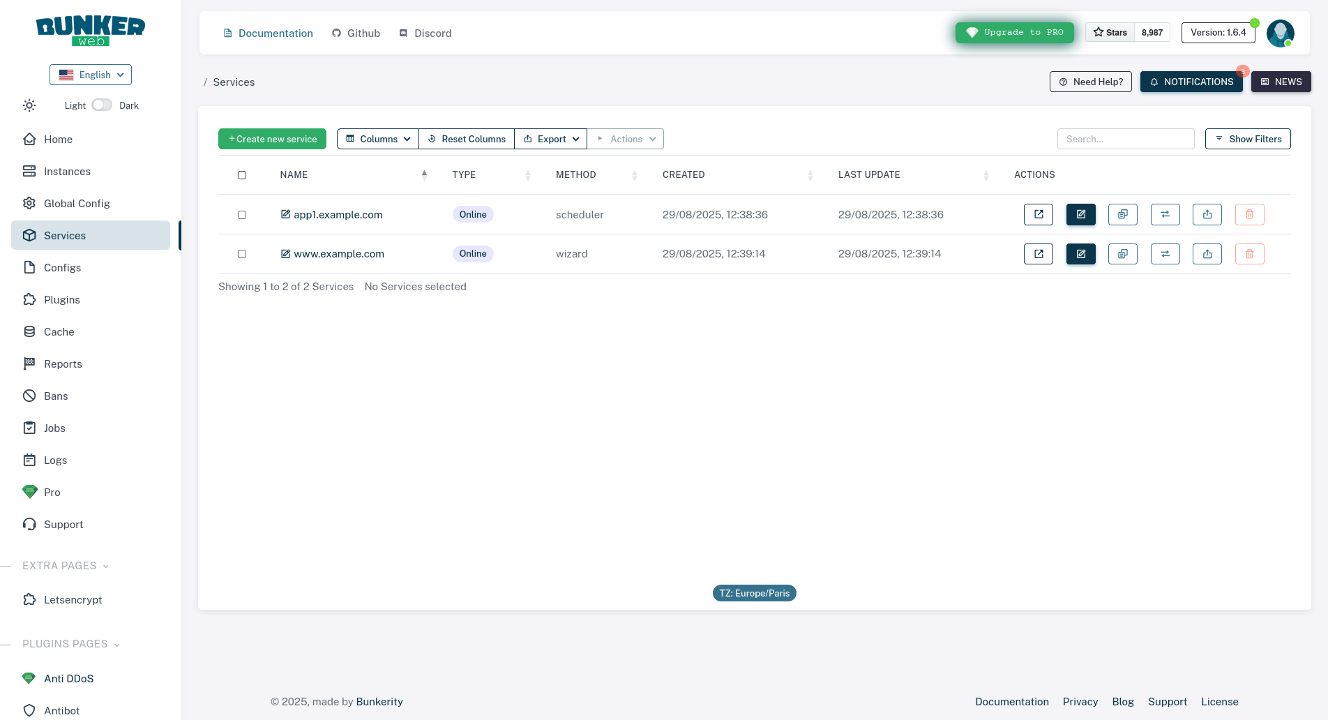 Web interface services page