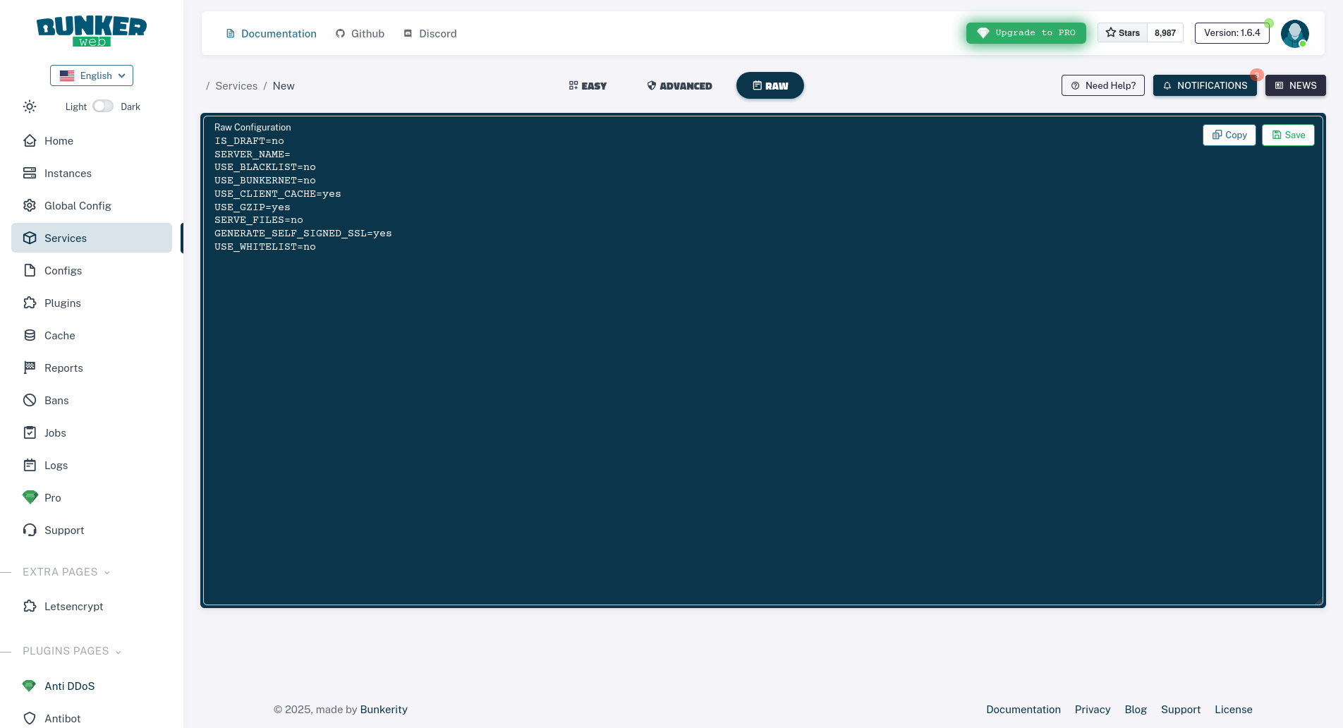Web interface create service RAW