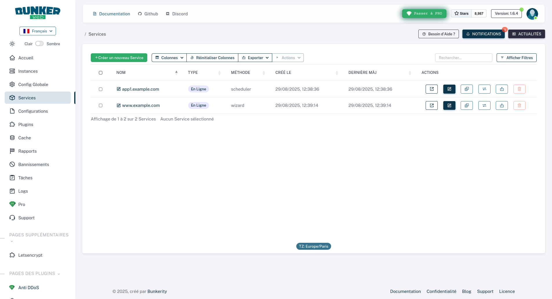 Page de services d'interface Web