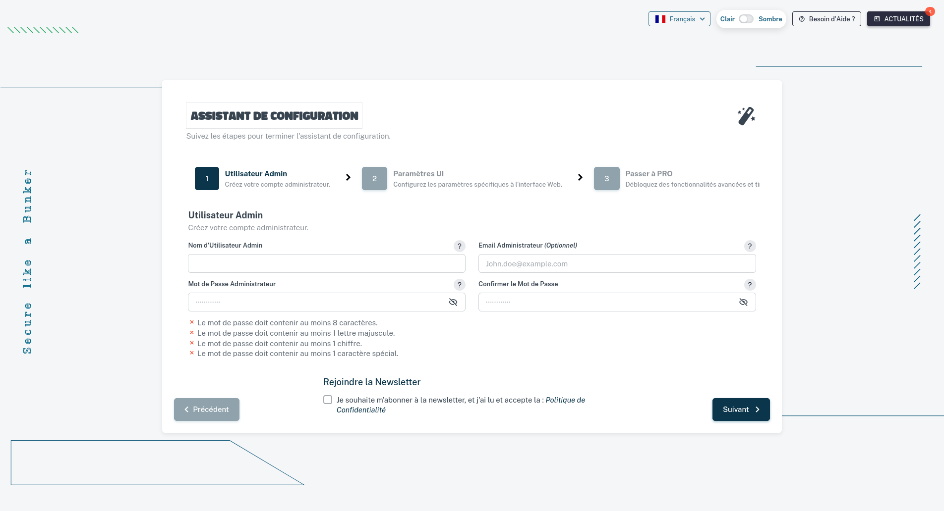 Page d'accueil de l'assistant d'installation