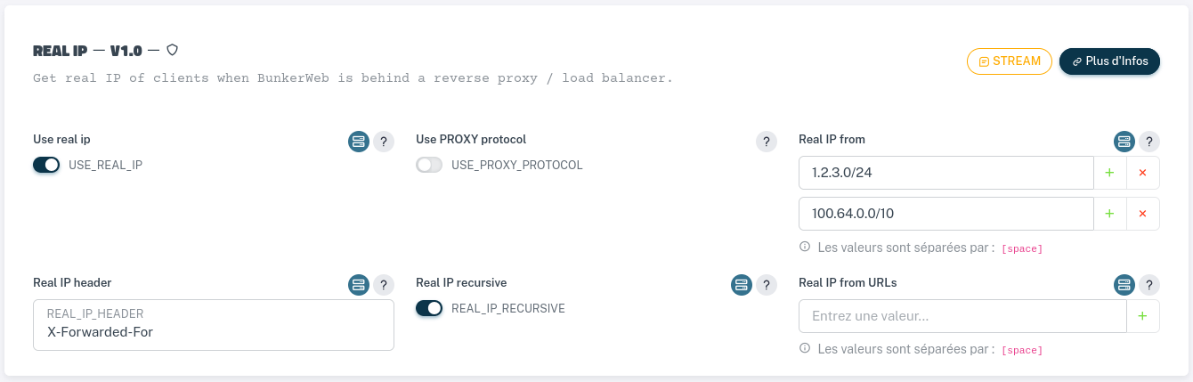 Paramètres Real IP (en-tête) via l'interface Web