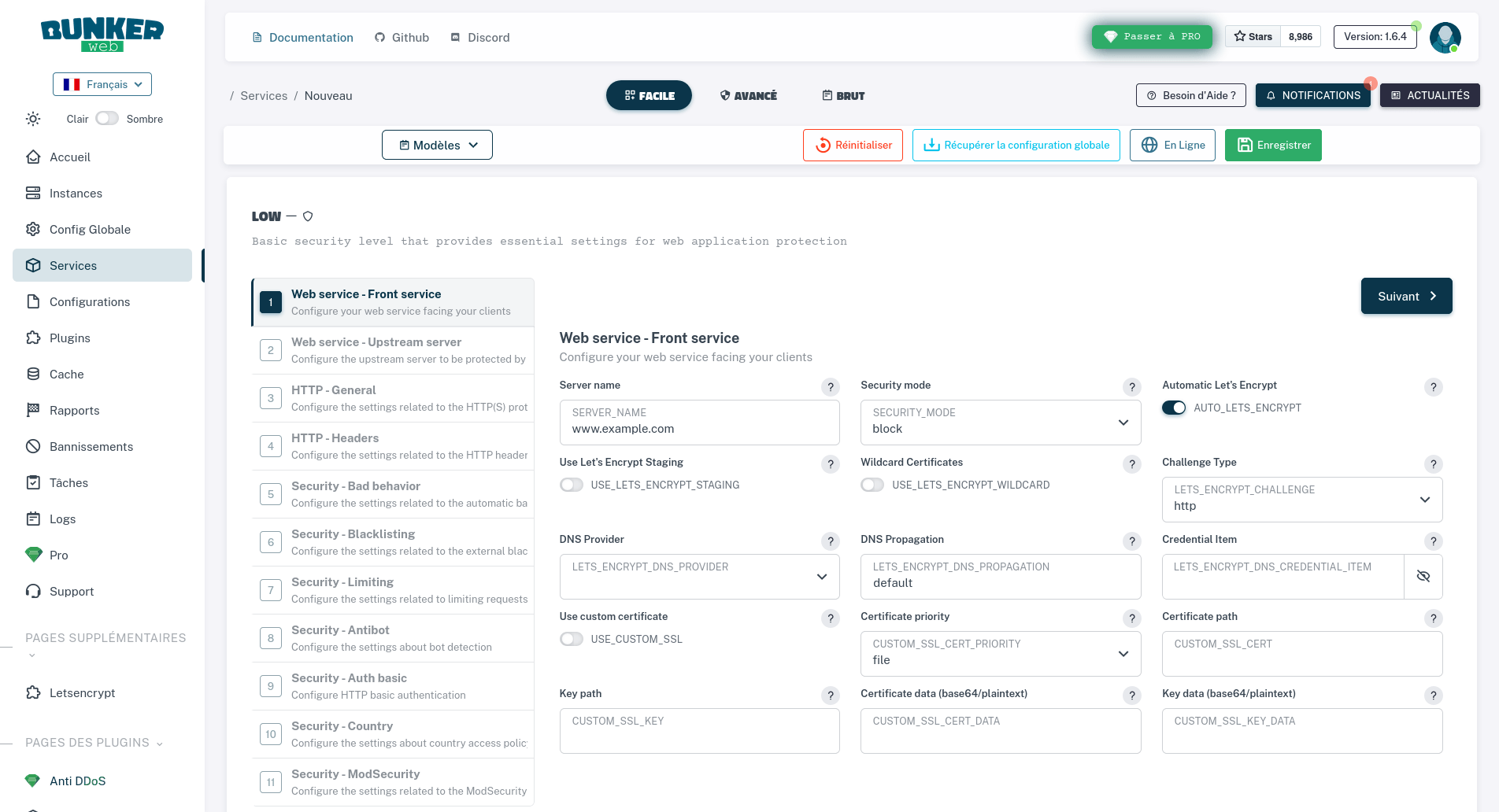 Interface web — création de service (mode facile)