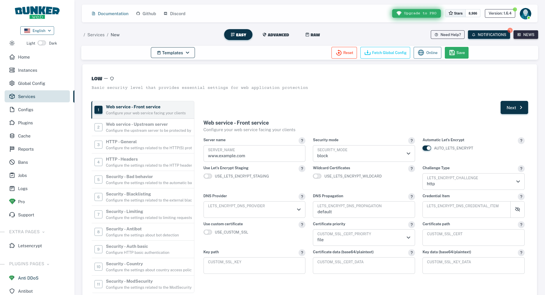 Web interface create service easy