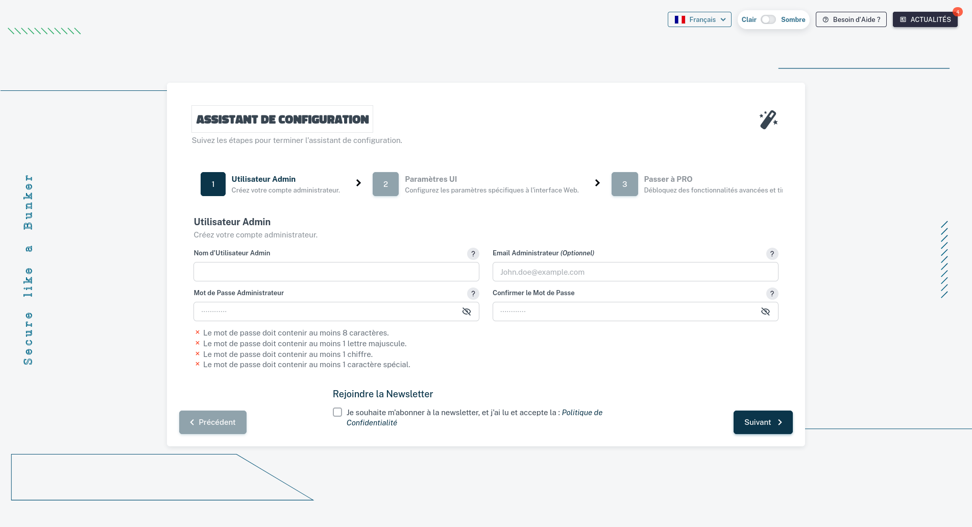 Page d'accueil de l'assistant d'installation