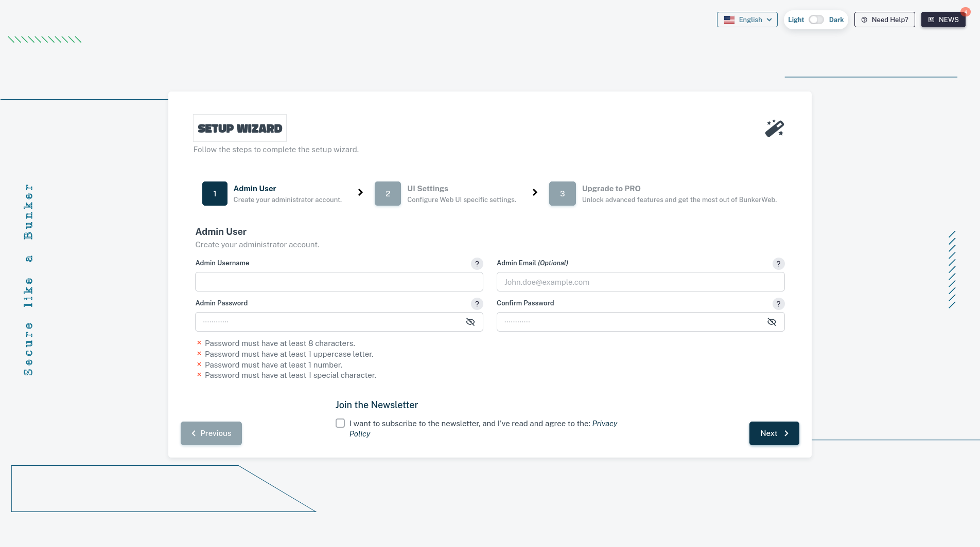 Setup Wizard landing page