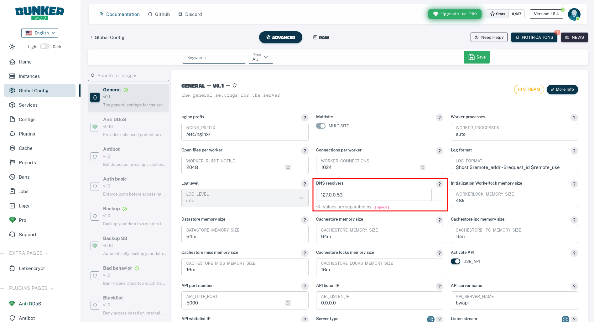 DNS resolvers setting using web UI