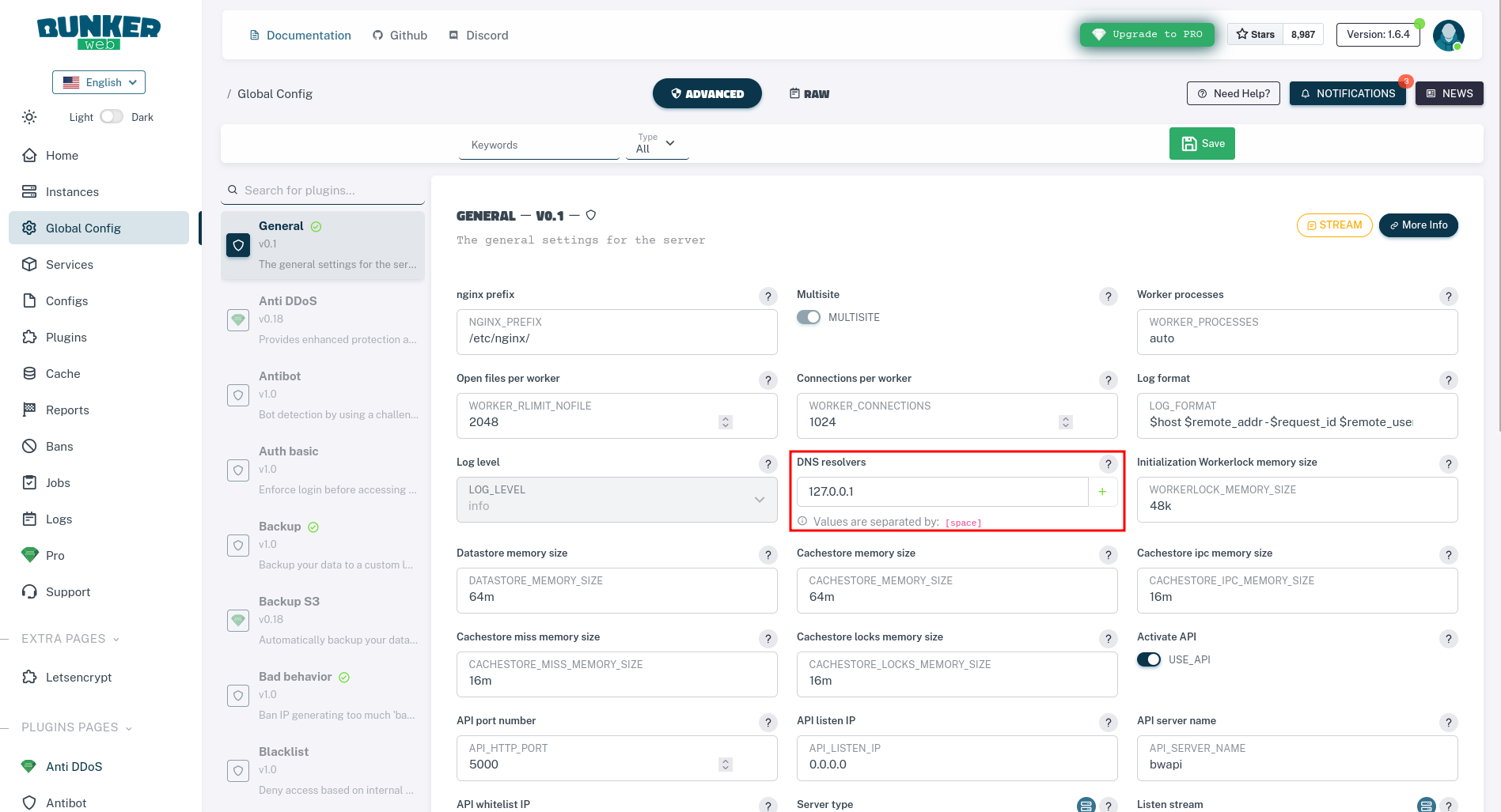 DNS resolvers setting using web UI