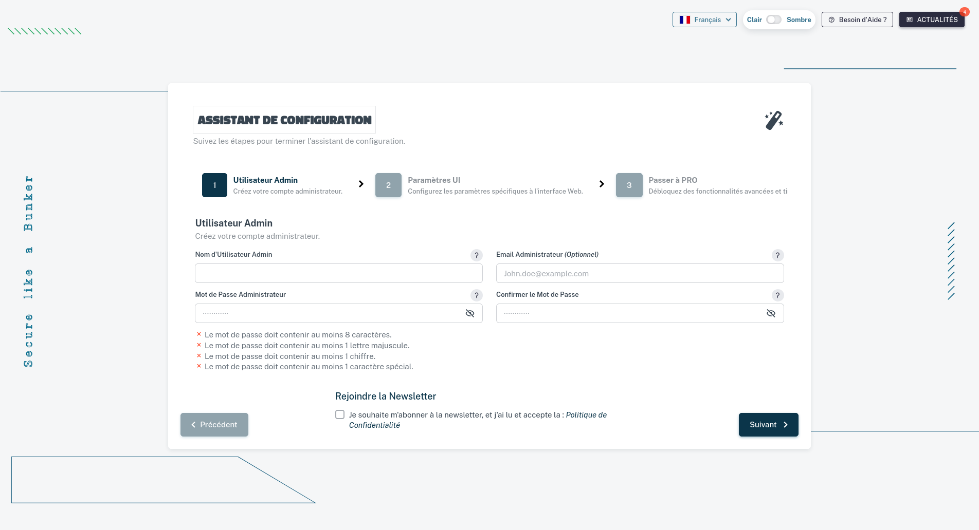 Page d'accueil de l'assistant d'installation