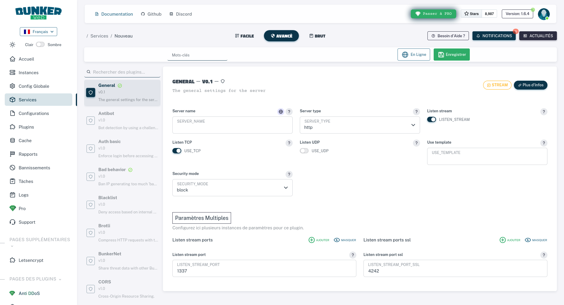 Interface web — création de service (mode avancé)