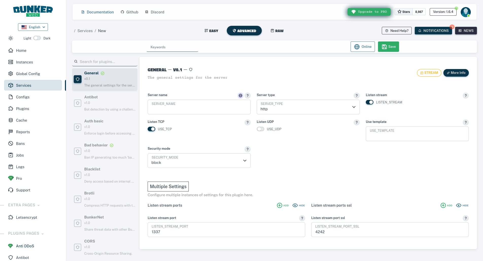 Web interface create service advanced